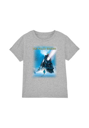 Gray T-shirt featuring a night scene from The Polar Express with a steam train approaching and a child standing in snow.
