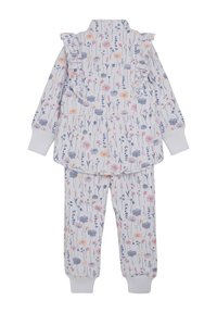Ensemble floral pour enfants comprenant un haut à col avec volants et un pantalon assorti. Fond gris clair avec des fleurs roses et bleues.