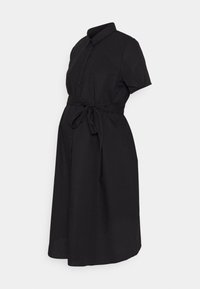 Vestido preto com botão, de mangas curtas, cintura ajustável e comprimento midi. Feito de tecido respirável, com uma textura suave e design clássico.