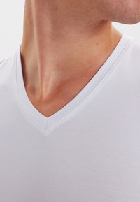 White cotton V-neck T-shirt with a smooth texture and fitted design, showcasing a clean neckline and minimal stitching details.