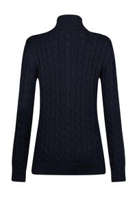Maglione lavorato a maglia blu navy con collo alto, caratterizzato da un design a trecce e polsini e orlo a coste. La vista posteriore mostra l'intera lunghezza delle maniche.