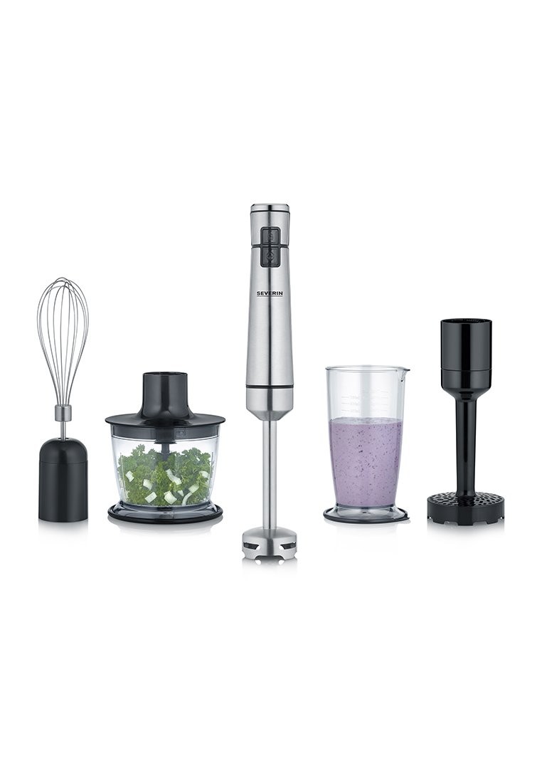 Stabmixer-Set: Edelstahl-Stabmixer, schwarzer Kunststoffbesen, Zerkleinerer, Messbecher mit lila Smoothie und schwarzer Kartoffelstampfer.