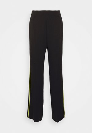 Black trousers with a straight cut, featuring side stripes in vibrant yellow. Smooth fabric with minimal detailing and no visible hardware.