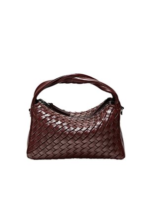 Burgundy woven leather handbag with a structured shape, short handle, and zip closure. Textured design featuring a crisscross pattern.