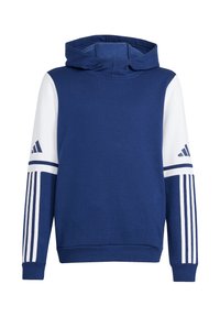 Sweat à capuche marine avec des manches blanches, présentant un cordon de serrage et trois rayures blanches sur chaque manche. Fabriqué en tissu doux et texturé.