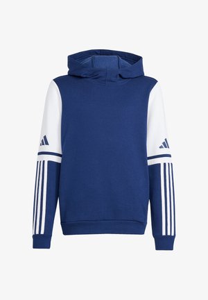 Felpa blu navy con maniche bianche, dotata di cappuccio con cordino e tre righe bianche su ciascuna manica. Realizzata in un morbido tessuto testurizzato.