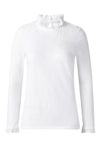 Vit långärmad topp med hög volangkrage och veckade manschetter. Slät tygtextur med en enkel, ren design.