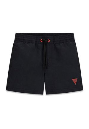 Costume da bagno nero con elastico in vita, coulisse nera con occhielli rossi e logo triangolare rosso sulla parte inferiore della gamba sinistra.