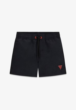 Shorts de bain noirs avec taille élastique, cordon noir avec œillets rouges, et logo triangulaire rouge sur la jambe inférieure gauche.