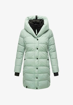 Cappotto imbottito verde menta con un ampio cappuccio, fodera interna nera, chiusura a bottoni e polsini neri a costine; presenta un design trapuntato per l'isolamento.