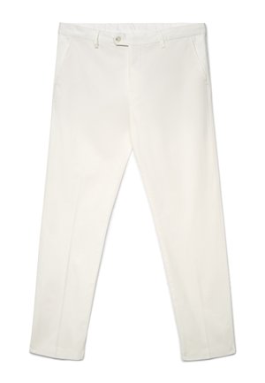 Slim Fit Herren-Hose aus weißer Baumwolle mit vorderer Knopfleiste, Reißverschluss, Gürtelschlaufen und seitlichen Taschen.