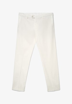 Slim Fit Herren-Hose aus weißer Baumwolle mit vorderer Knopfleiste, Reißverschluss, Gürtelschlaufen und seitlichen Taschen.