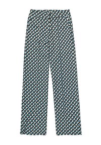 Patroon brede broek met een geometrisch ontwerp in zwart, wit en lichtblauw. Gemaakt van een soepele, lichte stof.