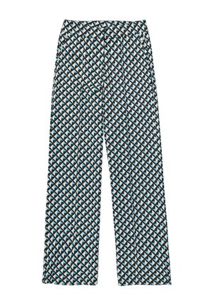 Pantalons palazzo à motif présentant un design géométrique en noir, blanc et bleu clair. Fabriqués à partir d'un tissu lisse et léger.