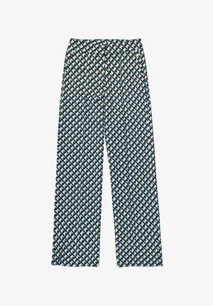 Pantalons palazzo à motif présentant un design géométrique en noir, blanc et bleu clair. Fabriqués à partir d'un tissu lisse et léger.