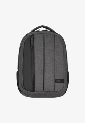 Gray fabric backpack with a smooth black front panel, featuring vertical seams, a top handle, and a side zipper pocket.