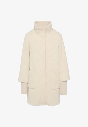 Gewebter cremfarbener Mantel mit hohem Kragen, zwei Fronttaschen und ärmellangen Ärmeln; zeichnet sich durch eine strukturierte Oberfläche und eine lockere Silhouette aus.