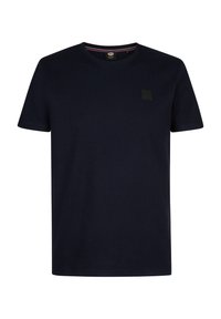 T-shirt en coton bleu marine avec une texture côtelée, col rond, manches courtes et un petit patch logo carré sur la poitrine gauche.