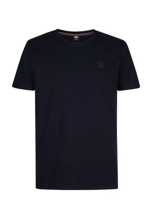 Tricou din bumbac albastru închis, cu textură rib, guler rotund, mâneci scurte și o mică aplicație logo pătrată pe pieptul stâng.