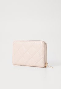 Quilted pink leather wallet with a glossy finish, featuring a gold zipper and pull tab, compact rectangular design.