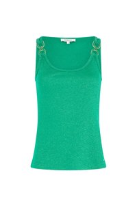 Top senza maniche verde con design aderente, realizzato in materiale elasticizzato. Presenta dettagli metallici sulle spalline e una texture morbida e luminosa.