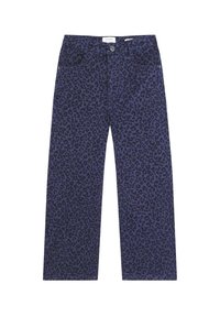 Leopardprint bukser i mørk marineblå med et lige ben design. Har to forlommer og knaplukning. Blødt, struktureret materiale.