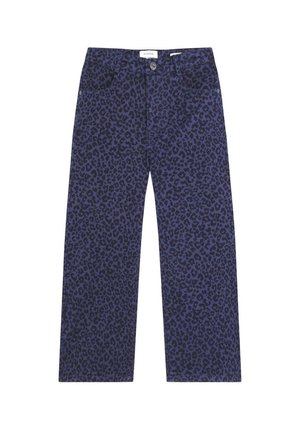 Jeans con stampa leopardata in blu navy scuro, con design a gamba dritta. Presentano due tasche anteriori e una chiusura a bottone. Stoffa morbida e di texture.