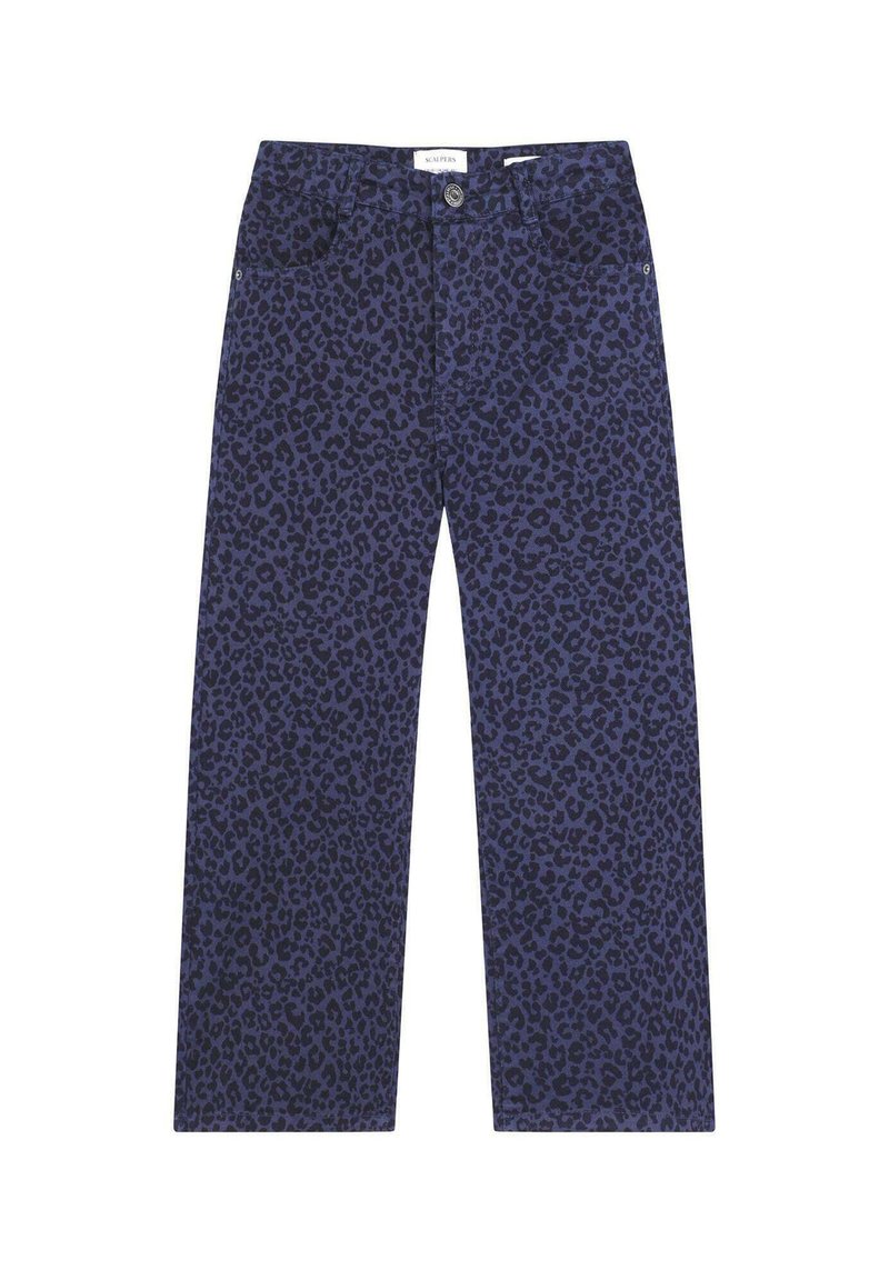 Leopardprint bukser i mørk marineblå med et lige ben design. Har to forlommer og knaplukning. Blødt, struktureret materiale.