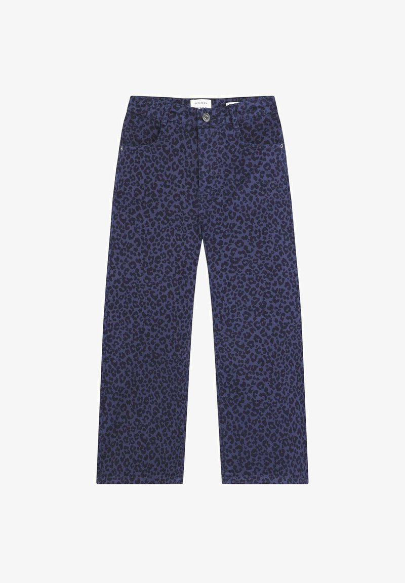 Leopard print jeans in dark navy with a straight leg design. Features two front pockets and a button closure. Soft, textured fabric.