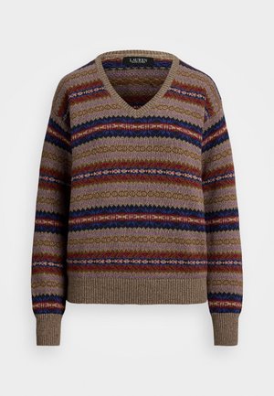 Sweter z dekoltem w serek w wielokolorowe poziome paski w odcieniach brązu, niebieskiego, czerwonego i fioletowego. Ściągacze na mankietach i dolnym końcu, fakturowany wzór dzianiny.