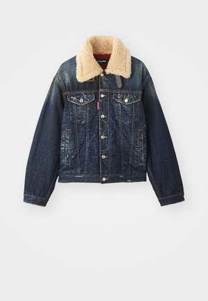 Denim jacket, dark blue, shearling collar, button closures, two chest pockets, side pockets, distressed texture, and contrast stitching details.