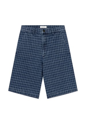 Modré riflové šortky s bielym mriežkovaným vzorom, predným gombíkom, pútkami na opasok a bočnými vreckami, na pásiku označené nápisom "Wood Wood".