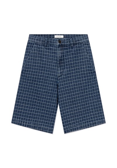 Blue denim shorts with white grid pattern, front button, belt loops, and side pockets, labeled "Wood Wood" on waistband.