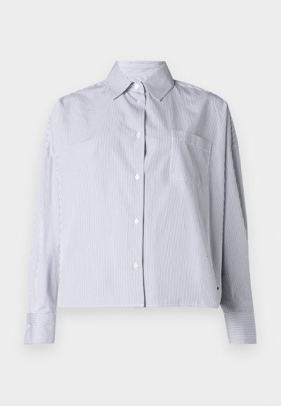 Striped button-up shirt in blue and white, made of lightweight fabric, featuring a collar, chest pocket, and long sleeves with button cuffs.