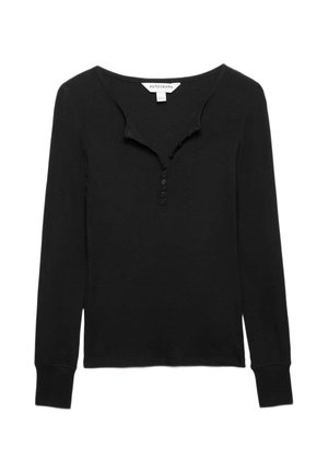 Camiseta henley negra de manga larga con tejido acanalado, tres botones, escote redondo y puños anchos ajustados, etiqueta con la inscripción Autograph en el interior del cuello.
