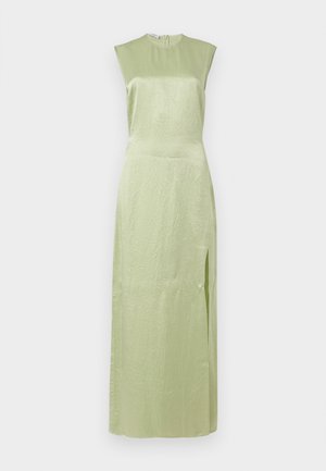 Sleeveless light green satin maxi dress with high neckline and side slit, featuring subtle texture and fitted waist.