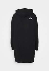 Svart hoodies med långa ärmar, tillverkad av mjukt material, med en liten vit logotyp på den övre baksidan och en avslappnad passform.
