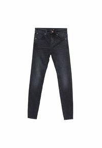 Pantalones vaqueros ajustados de mezclilla negra con un diseño clásico de cinco bolsillos, cierre de un solo botón y un ligero desgaste en la parte frontal para un contraste de textura.