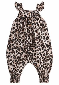 Luipaardprint jumpsuit met ruches op de schouderbanden, knopen aan de voorkant en elastische boorden; gemaakt van zachte stof in tan, zwart en bruine tinten.