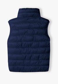 Marineblauer Steppweste mit hohem Kragen, die über gesteppten Abschnitte und eine glatte, glänzende Textur verfügt. Keine sichtbaren Verschlüsse oder Taschen.