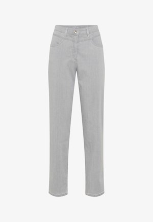 Light grey straight-leg jeans with front button and zipper closure, two front pockets, and visible seam details.