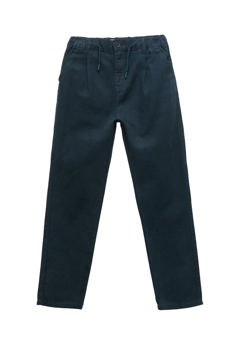 Pantalones de mezcla de algodón azul oscuro con cinturilla elástica, cordón ajustable y dos bolsillos laterales; pernera recta y sin patrones visibles.