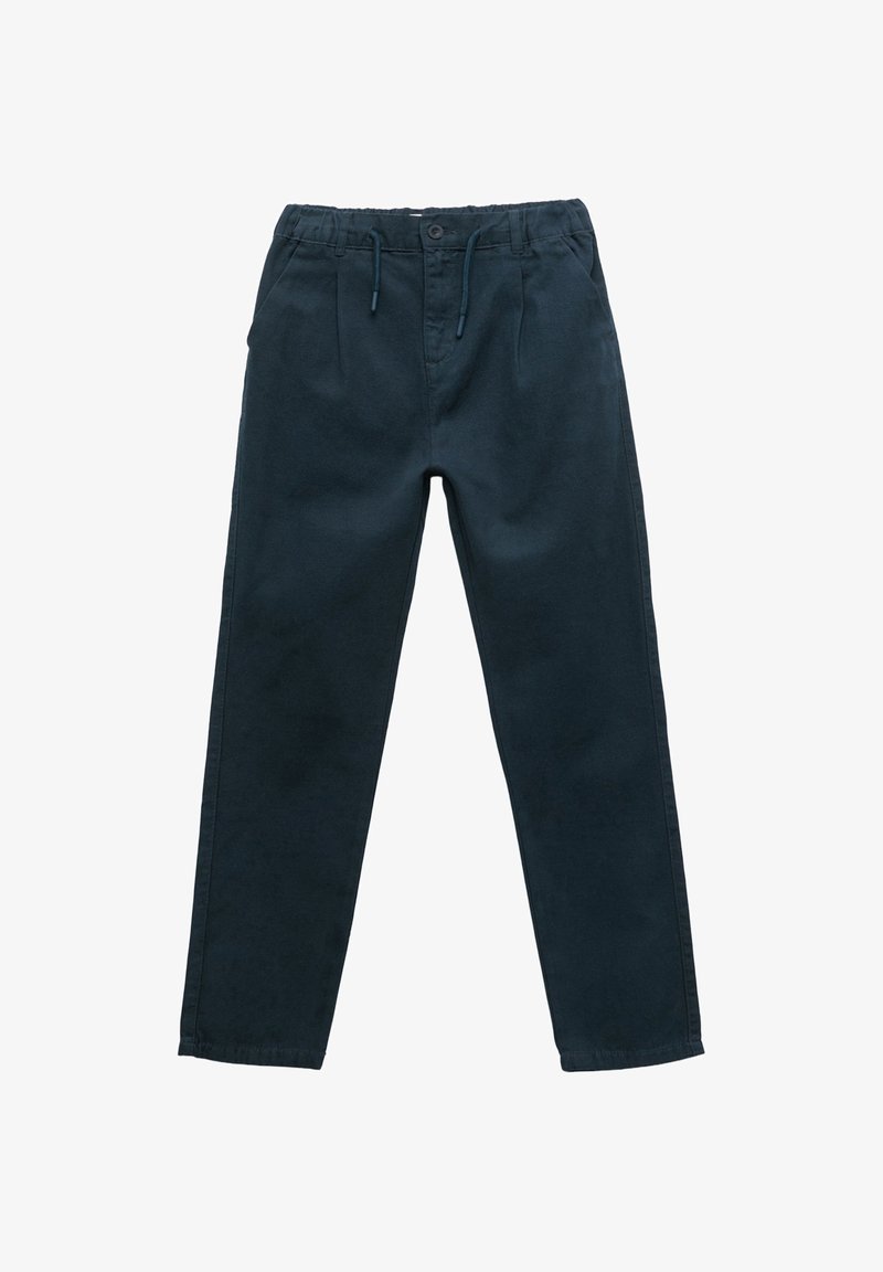 Pantalons en mélange de coton bleu foncé avec une taille élastique, cordon de serrage et deux poches latérales ; coupe droite et sans motifs visibles.