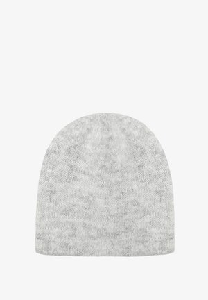 Berretto in maglia invernale grigio chiaro con una sottile texture heathered, presentato piano su uno sfondo bianco.