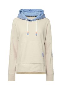 Cremefarvet hoodie med en lyseblå indvendig hætte. Har snøre med orange og blå spidser, en frontlomme og ribbede manchetter.