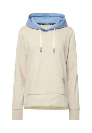 Sudadera de color crema con capucha interior azul claro. Presenta cordones con puntas en naranja y azul, un bolsillo frontal y puños acanalados.