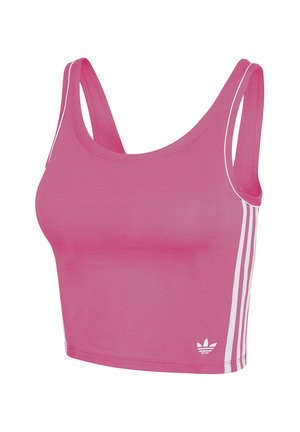 Top corto rosa in tessuto liscio, con spalline larghe, strisce laterali bianche e un piccolo logo sull'orlo.