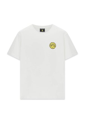 Weißes T-Shirt mit kurzen Ärmeln und rundem Halsausschnitt mit kleinem gelbem rundem BVB 09-Logo auf der linken Brust.