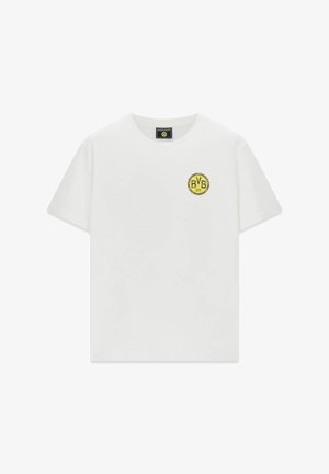 T-shirt bianca a maniche corte con collo tondo e piccolo logo circolare giallo BVB 09 sul petto sinistro.