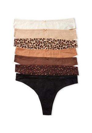 Set di sette perizoma da donna in cotone nei colori crema, beige, due fantasie leopardate, due tonalità di marrone e nero, ciascuno con un piccolo fiocco frontale.